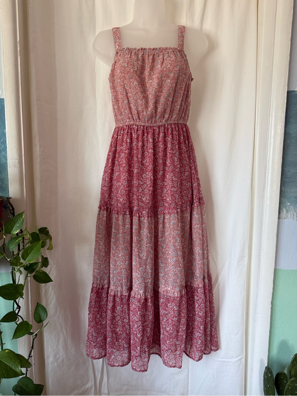 Sincerely Jules WomensSmall Dusty Rose Tiered Maxi Dress with Smocked Bodice